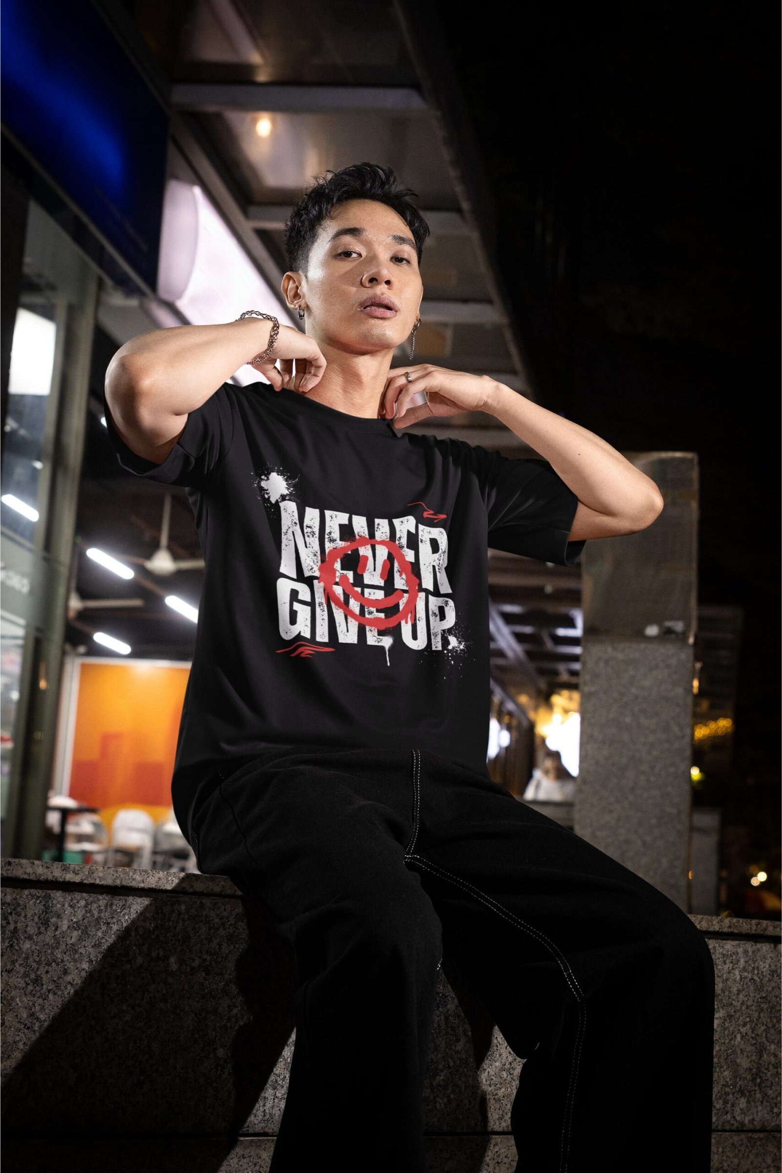 Never Give Up - Swag Drop Shoulder Tee - Image 2