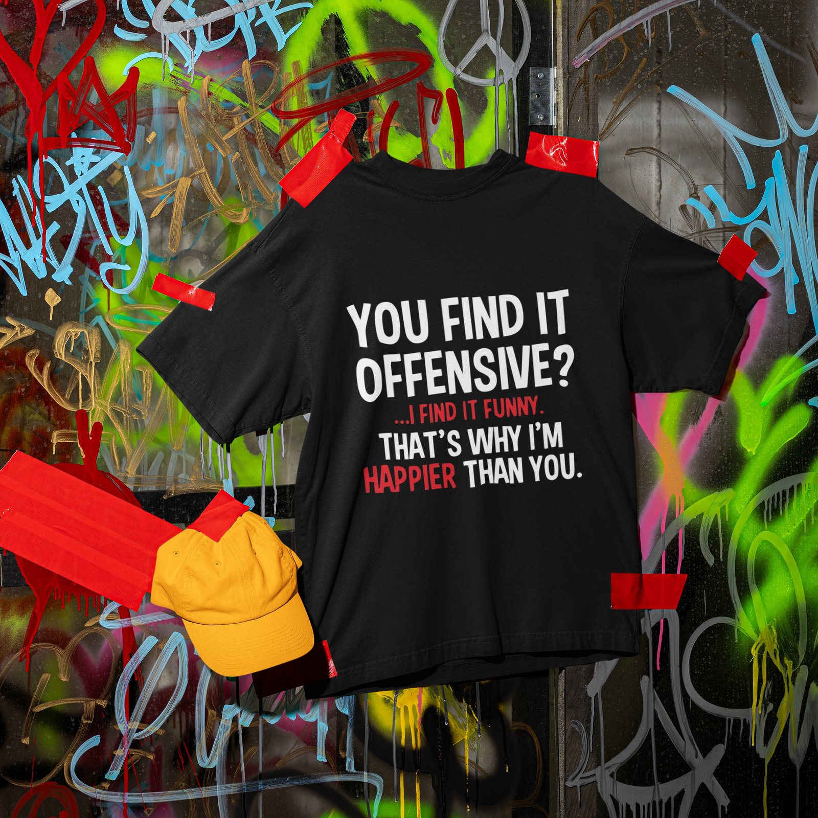 Awesome Swag print "You Find It Offensive ? I Find It Funny That's Why I'm Happier Than You". Funny, Swag Care Free, Drop Shoulder Tee - Image 2