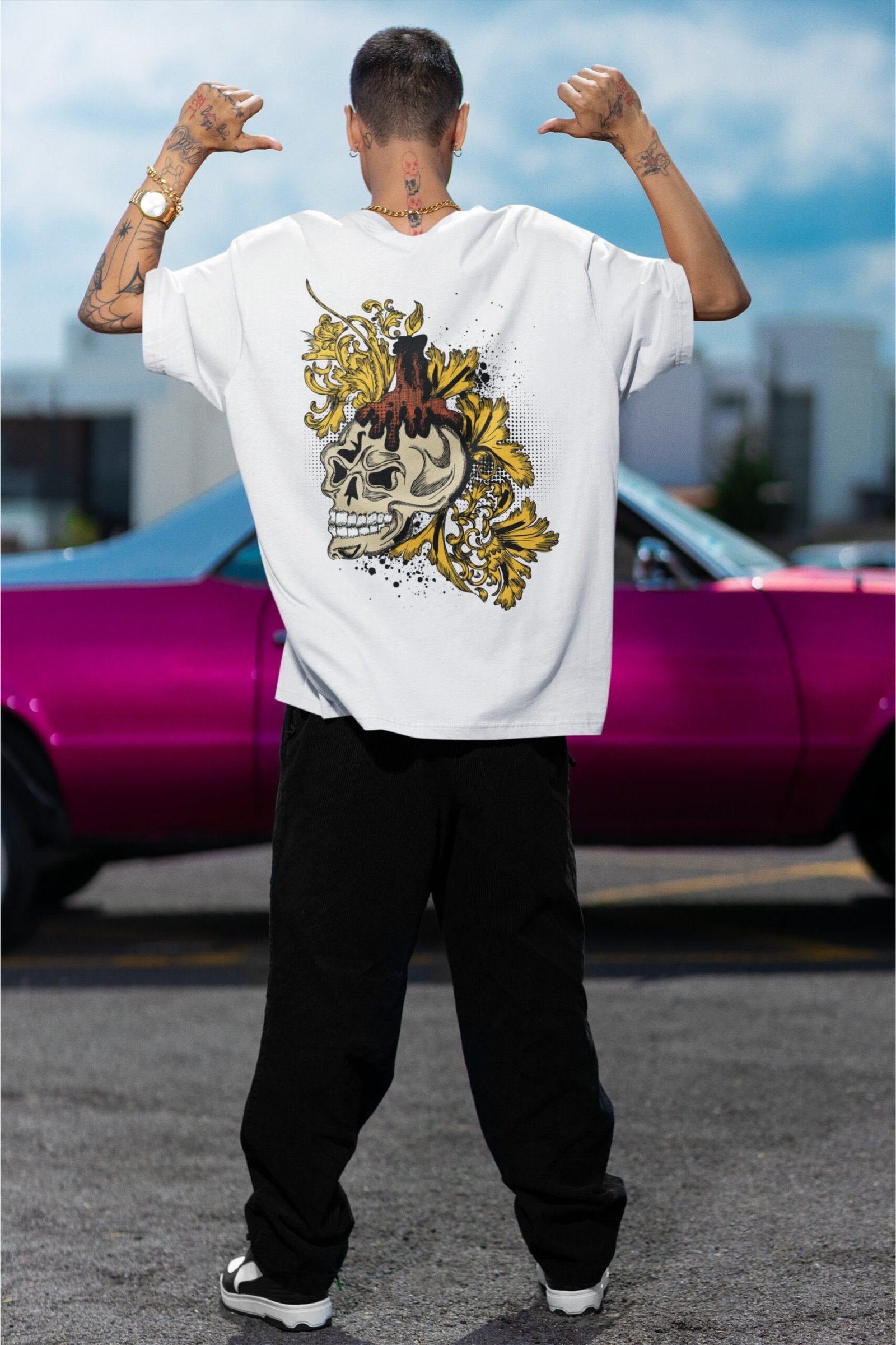Floral skull - Swag, Artistic, Drop Shoulder Tee